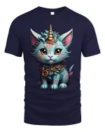 Mystical Cat Unicorn Tee with Fantasy Style and Magical Charm - navy t-shirt on white background
