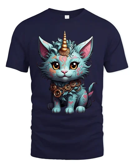 Mystical Cat Unicorn Tee with Fantasy Style and Magical Charm - navy t-shirt on white background