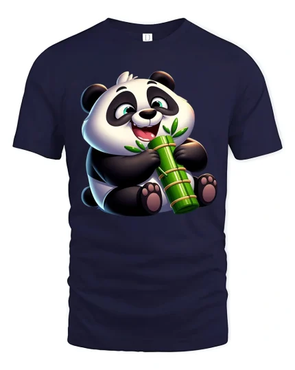 Cute Panda Bamboo Tee with Adorable Smiling Cartoon Style - navy t-shirt on white background