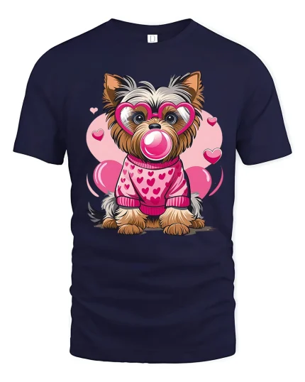 Cute Yorkie Love Tee with Heart Glasses and Bubblegum Style - navy t-shirt on white background