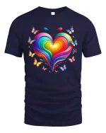 Colorful Heart Butterfly Tee with Vibrant Rainbow Art Style - navy t-shirt on white background