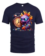 Funny Colorful Fish Tee with Alarm Clock and Artistic Style - navy t-shirt on white background