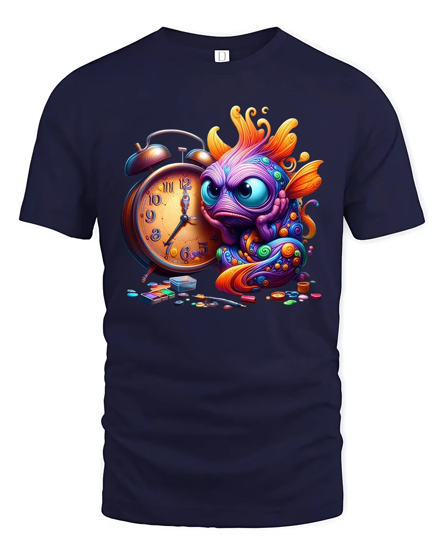 Funny Colorful Fish Tee with Alarm Clock and Artistic Style - 1 Funny Colorful Fish Tee with Alarm Clock and Artistic Style - navy t-shirt on white background