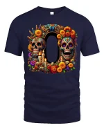 Colorful Sugar Skull Tee with Floral Art and Decorative Style - navy t-shirt on white background