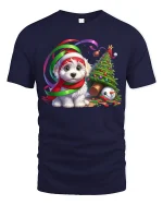 Cute Christmas Puppy Tee with Santa Hat and Festive Holiday Joy - navy t-shirt on white background
