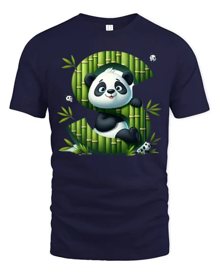 Cute Panda Letter S Tee with Bamboo Art and Playful Cartoon - navy t-shirt on white background