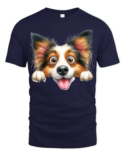 Cute Happy Dog Tee with Playful Cartoon Face and Fun Style - navy t-shirt on white background