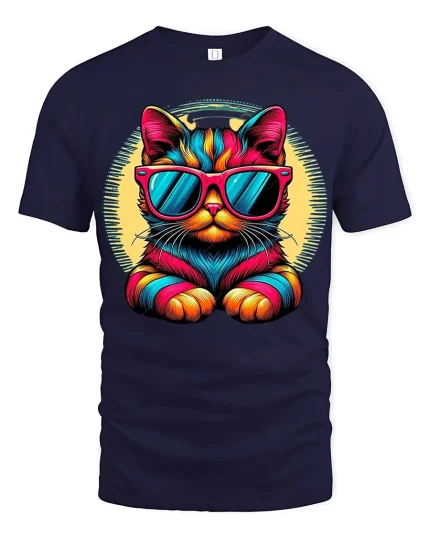 Cool Neon Cat Tee with Sunglasses and Vibrant Retro Style - navy t-shirt on white background