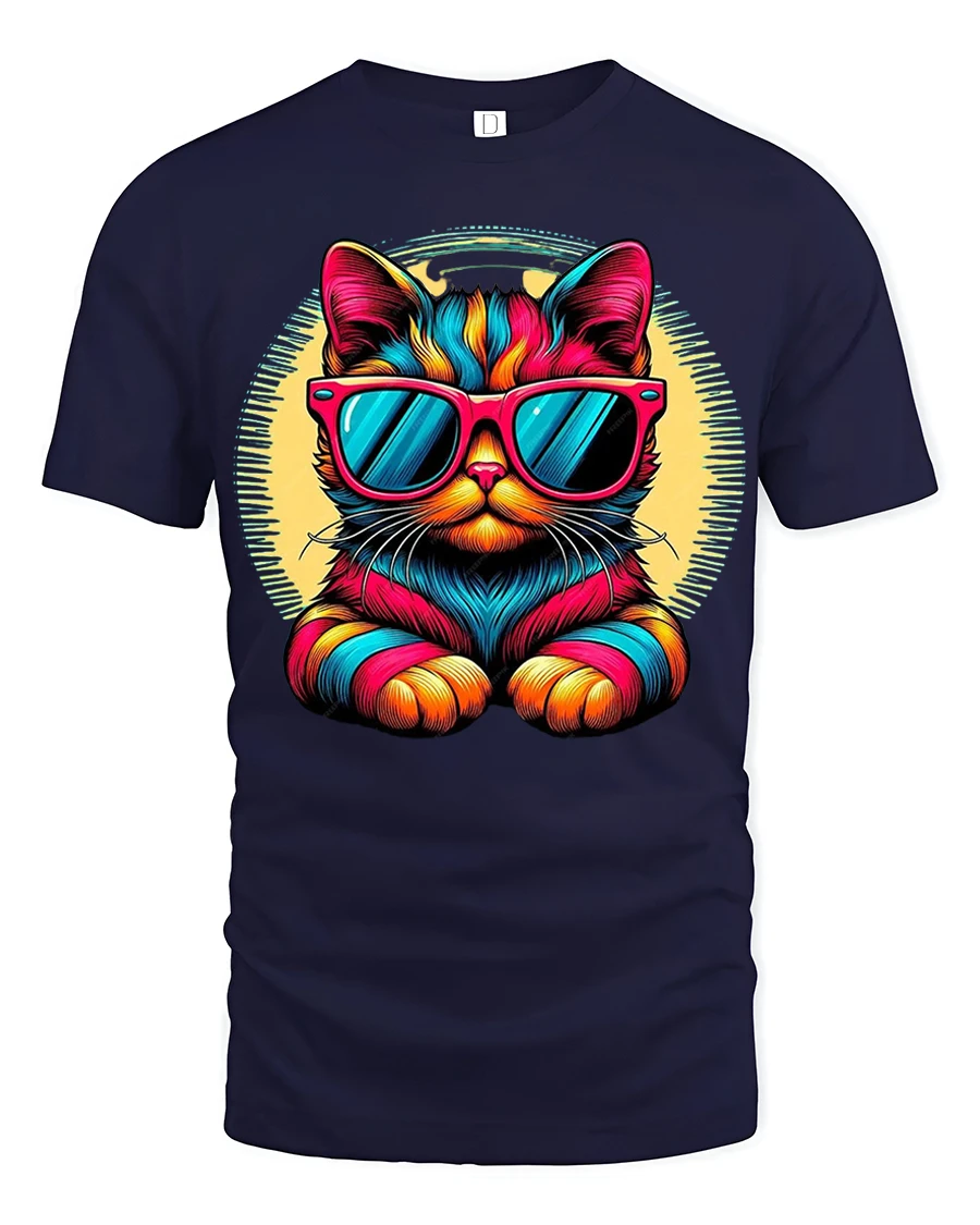 Cool Neon Cat Tee with Sunglasses and Vibrant Retro Style - 1 Cool Neon Cat Tee with Sunglasses and Vibrant Retro Style - navy t-shirt on white background