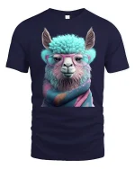 Funny Llama Tee with Glasses and Cozy Colorful Scarf Art - navy t-shirt on white background