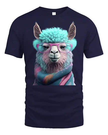 Funny Llama Tee with Glasses and Cozy Colorful Scarf Art - navy t-shirt on white background
