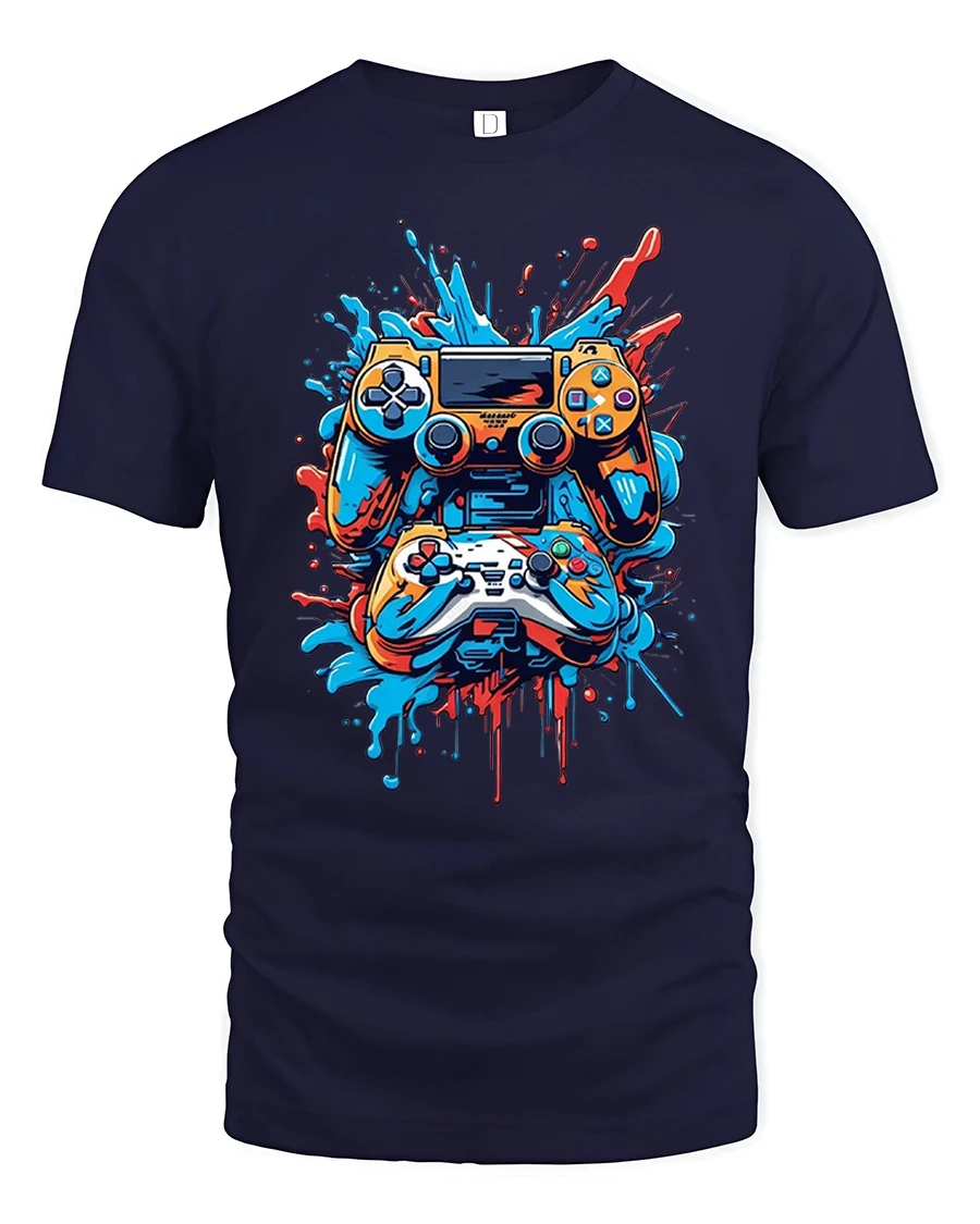 Gamer Splash Tee with Colorful Controller Art and Cool Style - 1 Gamer Splash Tee with Colorful Controller Art and Cool Style - navy t-shirt on white background