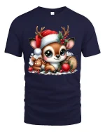 Cute Christmas Fawn Tee with Santa Hat and Festive Holiday Joy - navy t-shirt on white background