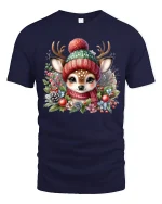 Cute Winter Deer Tee with Cozy Knit Hat and Festive Floral Charm - navy t-shirt on white background