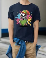 Colorful Skeleton Heart Tee with Fun Drip Art and Playful Style - model wearing navy tee with hands in pockets