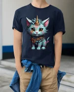 Mystical Cat Unicorn Tee with Fantasy Style and Magical Charm - model wearing navy tee with hands in pockets