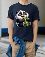 Cute Panda Bamboo Tee with Adorable Smiling Cartoon Style - model wearing navy tee with hands in pockets