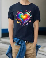 Colorful Heart Butterfly Tee with Vibrant Rainbow Art Style - model wearing navy tee with hands in pockets