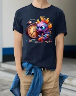 Funny Colorful Fish Tee with Alarm Clock and Artistic Style - model wearing navy tee with hands in pockets