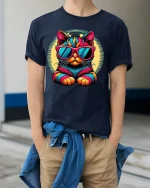 Cool Neon Cat Tee with Sunglasses and Vibrant Retro Style - model wearing navy tee with hands in pockets