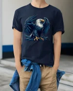 Majestic Eagle Tee with Powerful Wings and Bold American Style - model wearing navy tee with hands in pockets