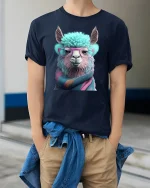 Funny Llama Tee with Glasses and Cozy Colorful Scarf Art - model wearing navy tee with hands in pockets