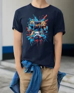 Gamer Splash Tee with Colorful Controller Art and Cool Style - model wearing navy tee with hands in pockets