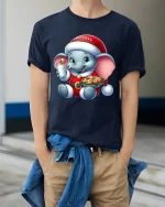 Cute Christmas Elephant Tee with Milk Cookies Holiday Cheer - model wearing navy tee with hands in pockets