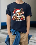 Cute Christmas Fawn Tee with Santa Hat and Festive Holiday Joy - model wearing navy tee with hands in pockets