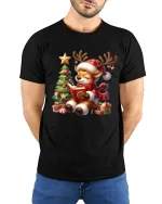 Cute Christmas Reindeer Tee with Storybook and Festive Tree Joy - model wearing black tee with hands behind back