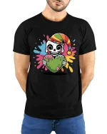 Colorful Skeleton Heart Tee with Fun Drip Art and Playful Style - model wearing black tee with hands behind back