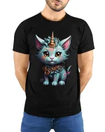 Mystical Cat Unicorn Tee with Fantasy Style and Magical Charm - model wearing black tee with hands behind back
