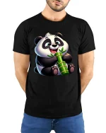 Cute Panda Bamboo Tee with Adorable Smiling Cartoon Style - model wearing black tee with hands behind back