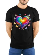 Colorful Heart Butterfly Tee with Vibrant Rainbow Art Style - model wearing black tee with hands behind back