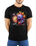 Funny Colorful Fish Tee with Alarm Clock and Artistic Style - model wearing black tee with hands behind back