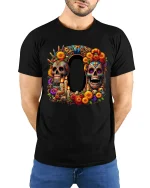 Colorful Sugar Skull Tee with Floral Art and Decorative Style - model wearing black tee with hands behind back