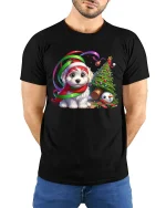 Cute Christmas Puppy Tee with Santa Hat and Festive Holiday Joy - model wearing black tee with hands behind back