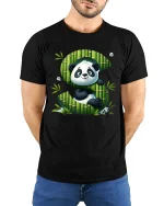 Cute Panda Letter S Tee with Bamboo Art and Playful Cartoon - model wearing black tee with hands behind back