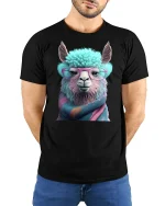 Funny Llama Tee with Glasses and Cozy Colorful Scarf Art - model wearing black tee with hands behind back