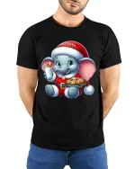 Cute Christmas Elephant Tee with Milk Cookies Holiday Cheer - model wearing black tee with hands behind back