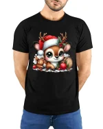 Cute Christmas Fawn Tee with Santa Hat and Festive Holiday Joy - model wearing black tee with hands behind back