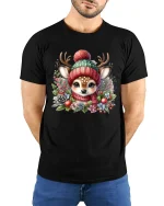 Cute Winter Deer Tee with Cozy Knit Hat and Festive Floral Charm - model wearing black tee with hands behind back