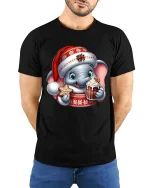 Cute Christmas Elephant Tee with Gingerbread and Hot Cocoa Joy - model wearing black tee with hands behind back