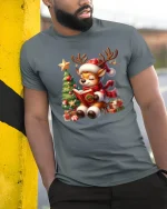 Cute Christmas Reindeer Tee with Storybook and Festive Tree Joy - model wearing grey tee, leaning on column