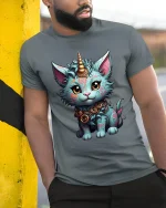 Mystical Cat Unicorn Tee with Fantasy Style and Magical Charm - model wearing grey tee, leaning on column