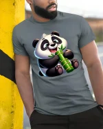 Cute Panda Bamboo Tee with Adorable Smiling Cartoon Style - model wearing grey tee, leaning on column