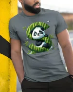 Cute Panda Letter S Tee with Bamboo Art and Playful Cartoon - model wearing grey tee, leaning on column