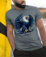 Majestic Eagle Tee with Powerful Wings and Bold American Style - model wearing grey tee, leaning on column