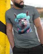 Funny Llama Tee with Glasses and Cozy Colorful Scarf Art - model wearing grey tee, leaning on column