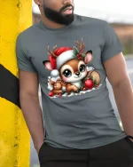 Cute Christmas Fawn Tee with Santa Hat and Festive Holiday Joy - model wearing grey tee, leaning on column